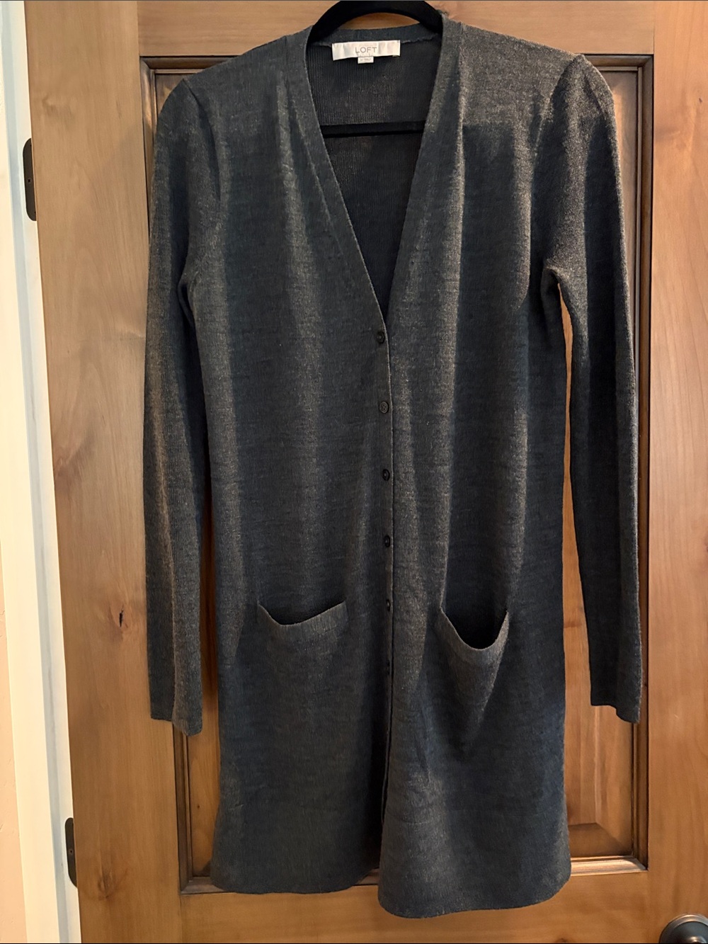 LOFT Charcoal Gray Long V-Neck Button Cardigan